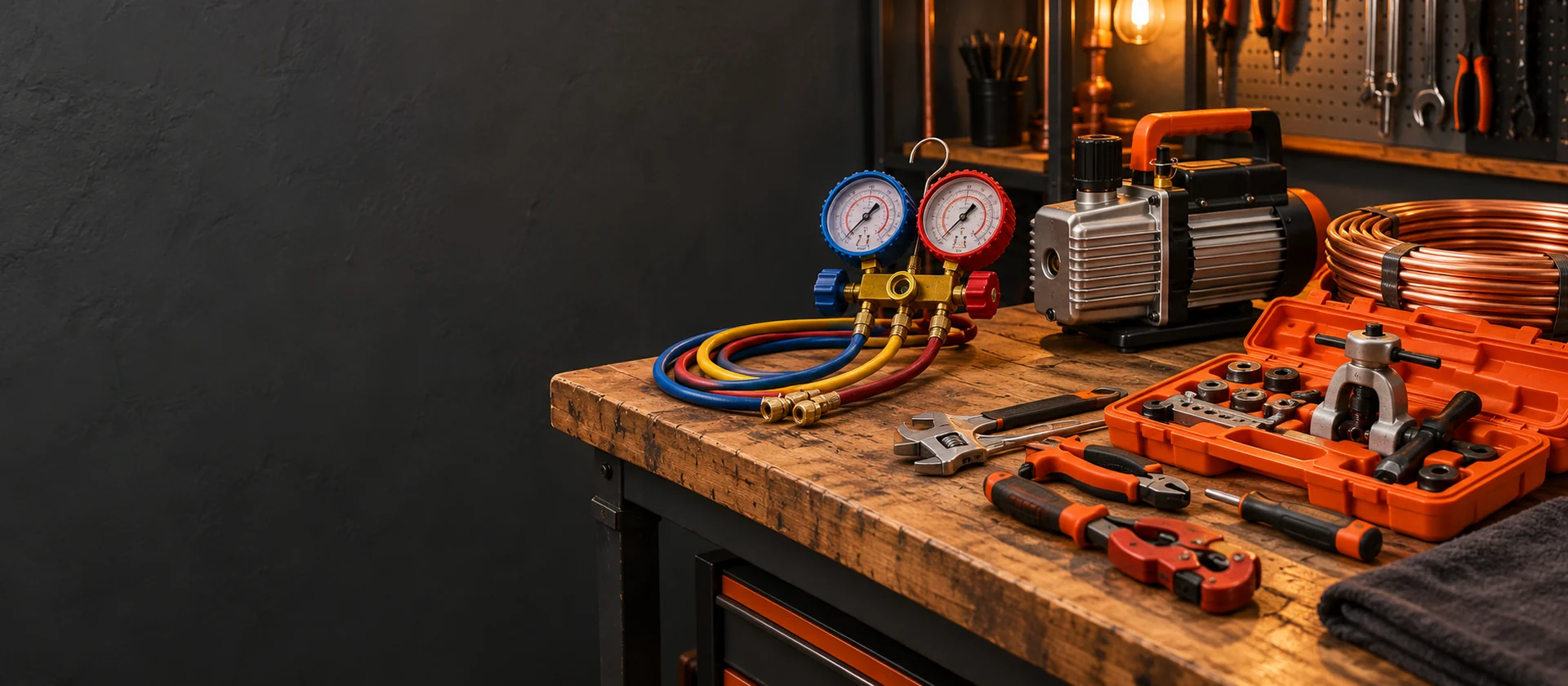 Bàn làm việc của thợ lạnh với đồng hồ nạp gas, máy hút chân không và ống đồng